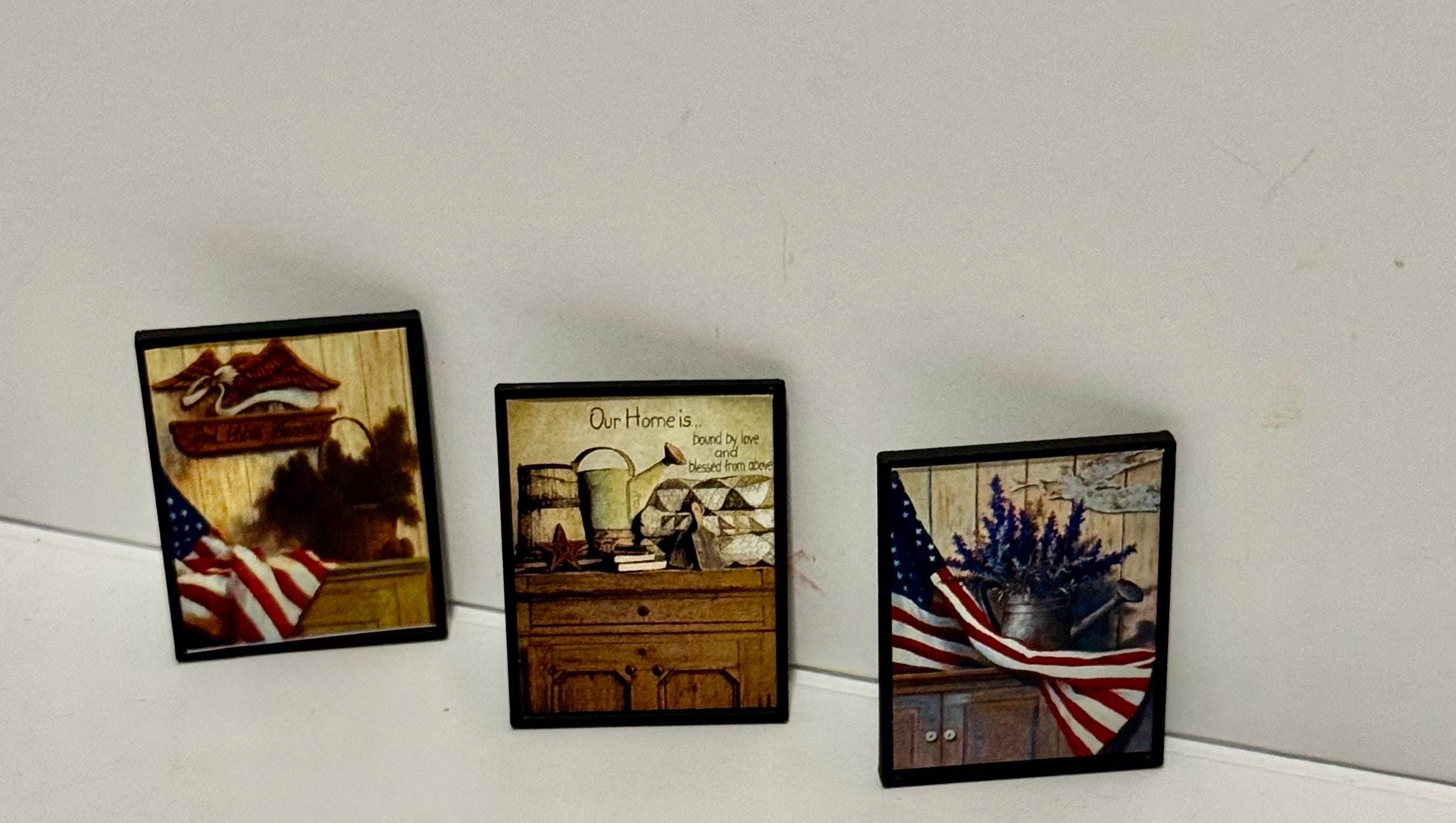 miniature Americana primitive art work in frames- dollhouse scale