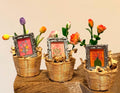 Miniature flowers and floral art frame in basket