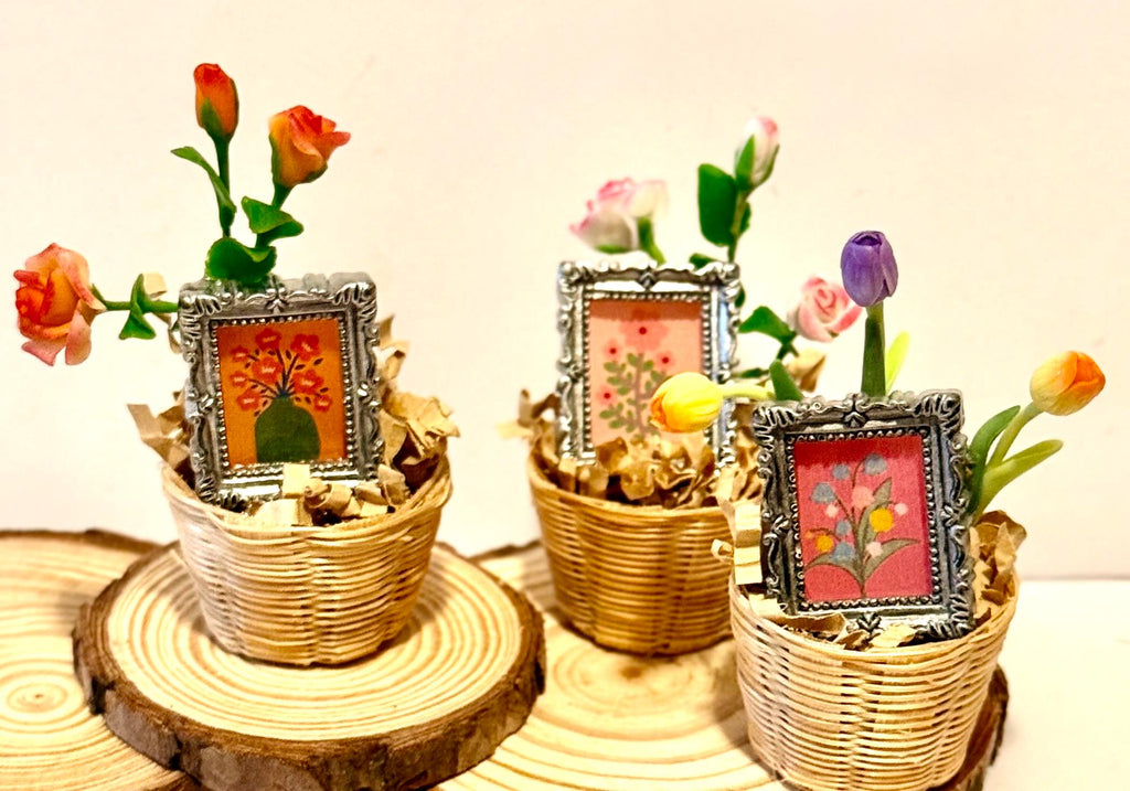Miniature flowers and floral art frame in basket
