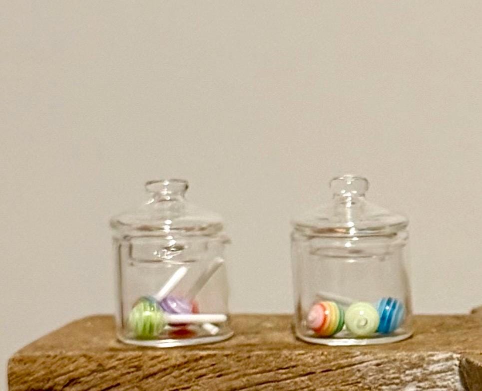 Miniature glass candy jar filled with lollipops. 1:12 scale.