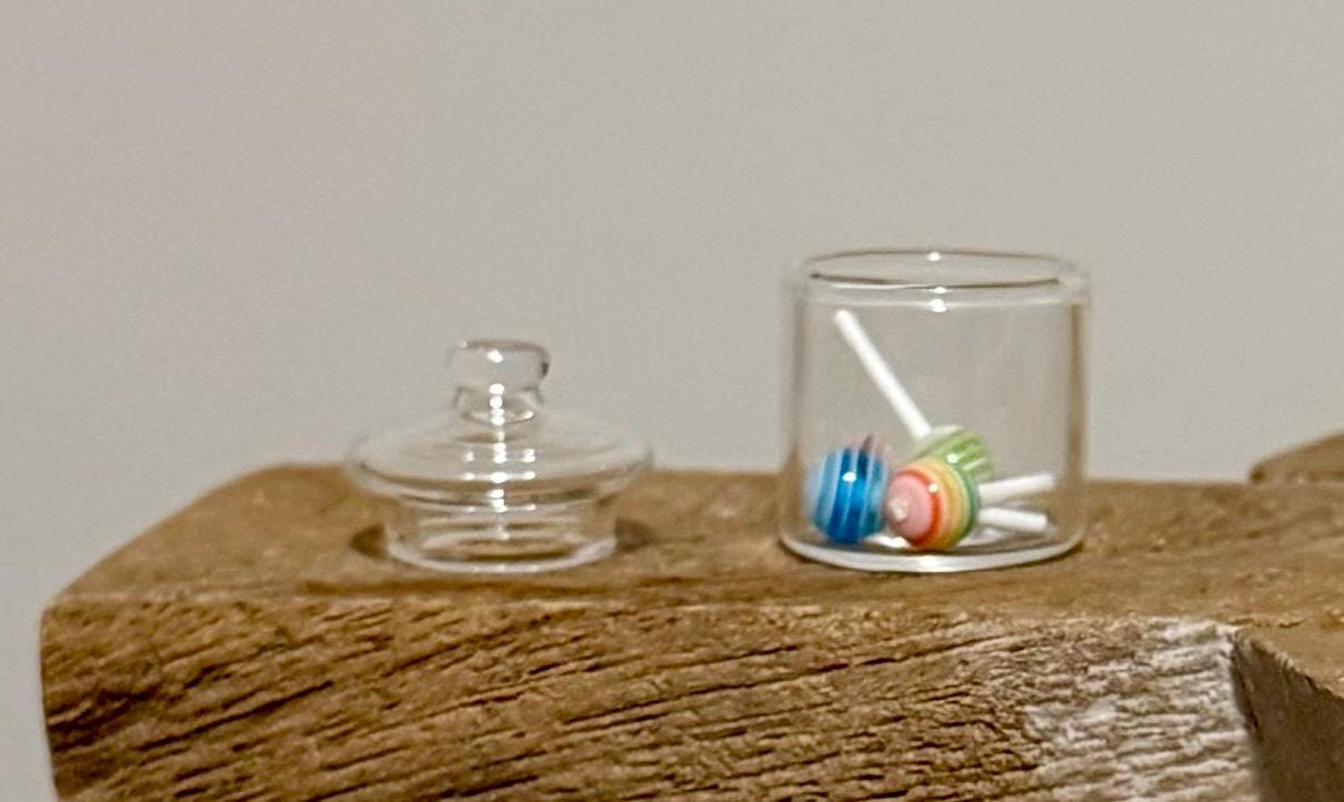 Miniature glass candy jar filled with lollipops. 1:12 scale.