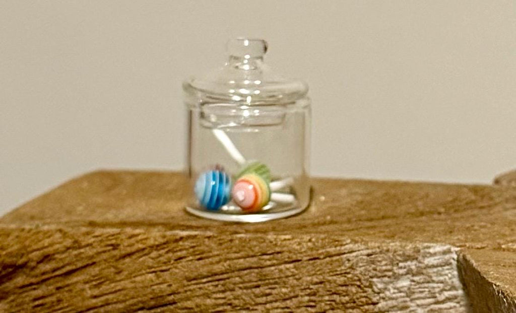Miniature glass candy jar filled with lollipops. 1:12 scale.