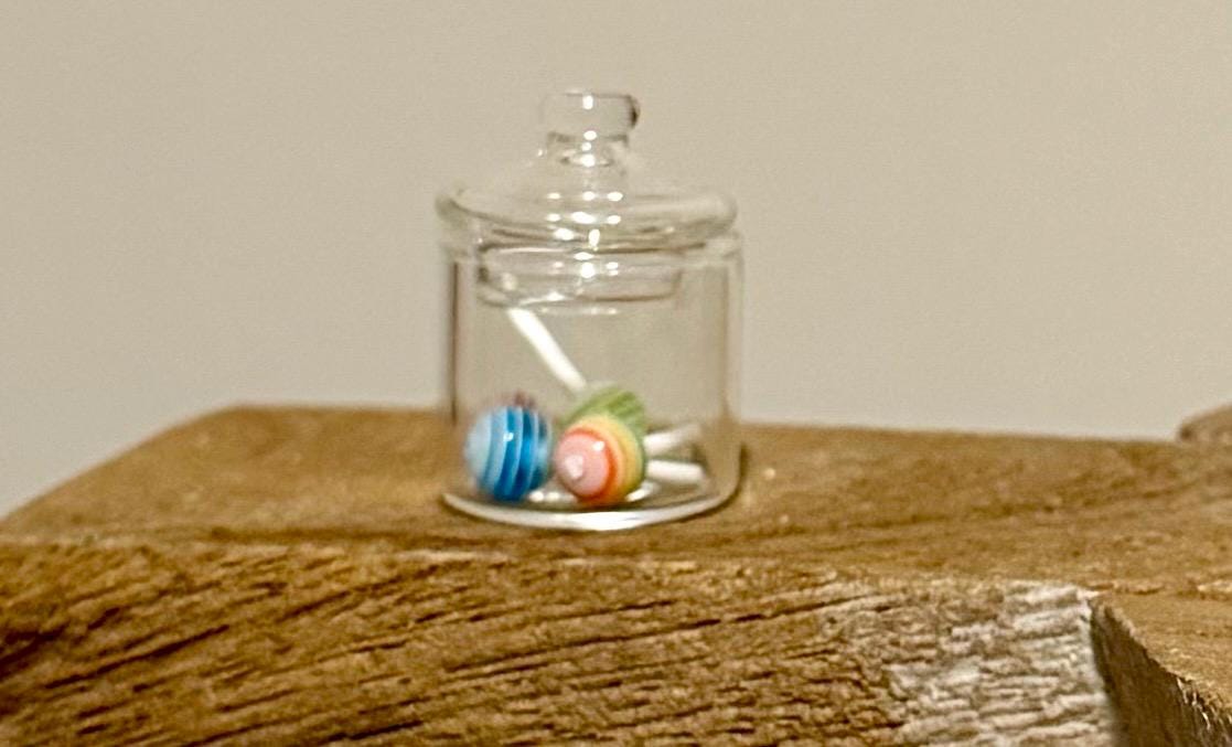 Miniature glass candy jar filled with lollipops. 1:12 scale.