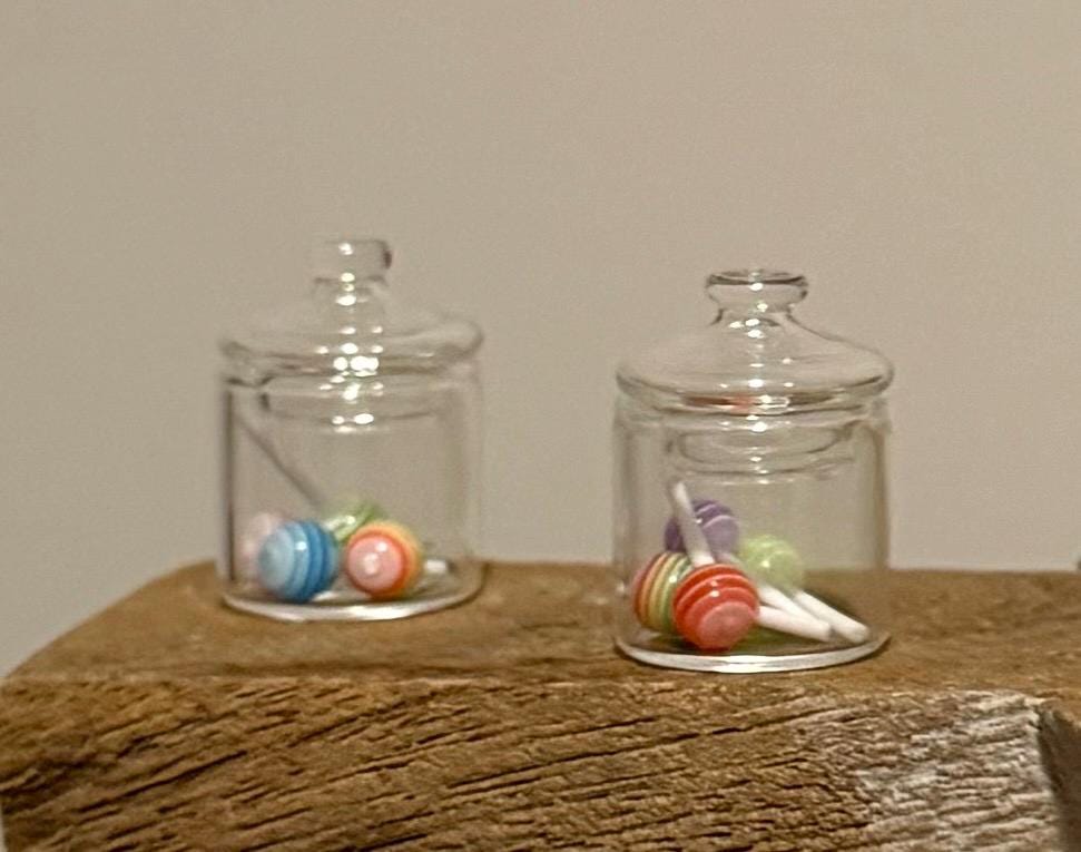 Miniature glass candy jar filled with lollipops. 1:12 scale.