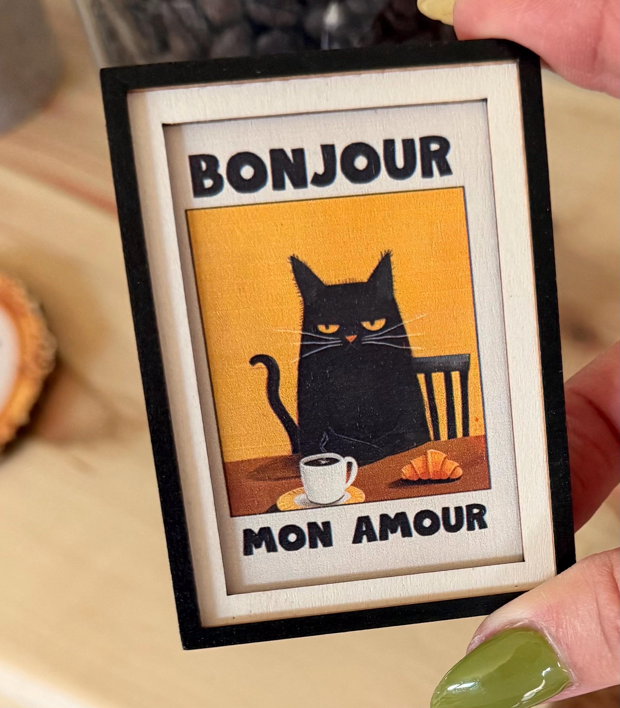 Decorative cat art Bonjour Mon Amour coffee- framed  magnets