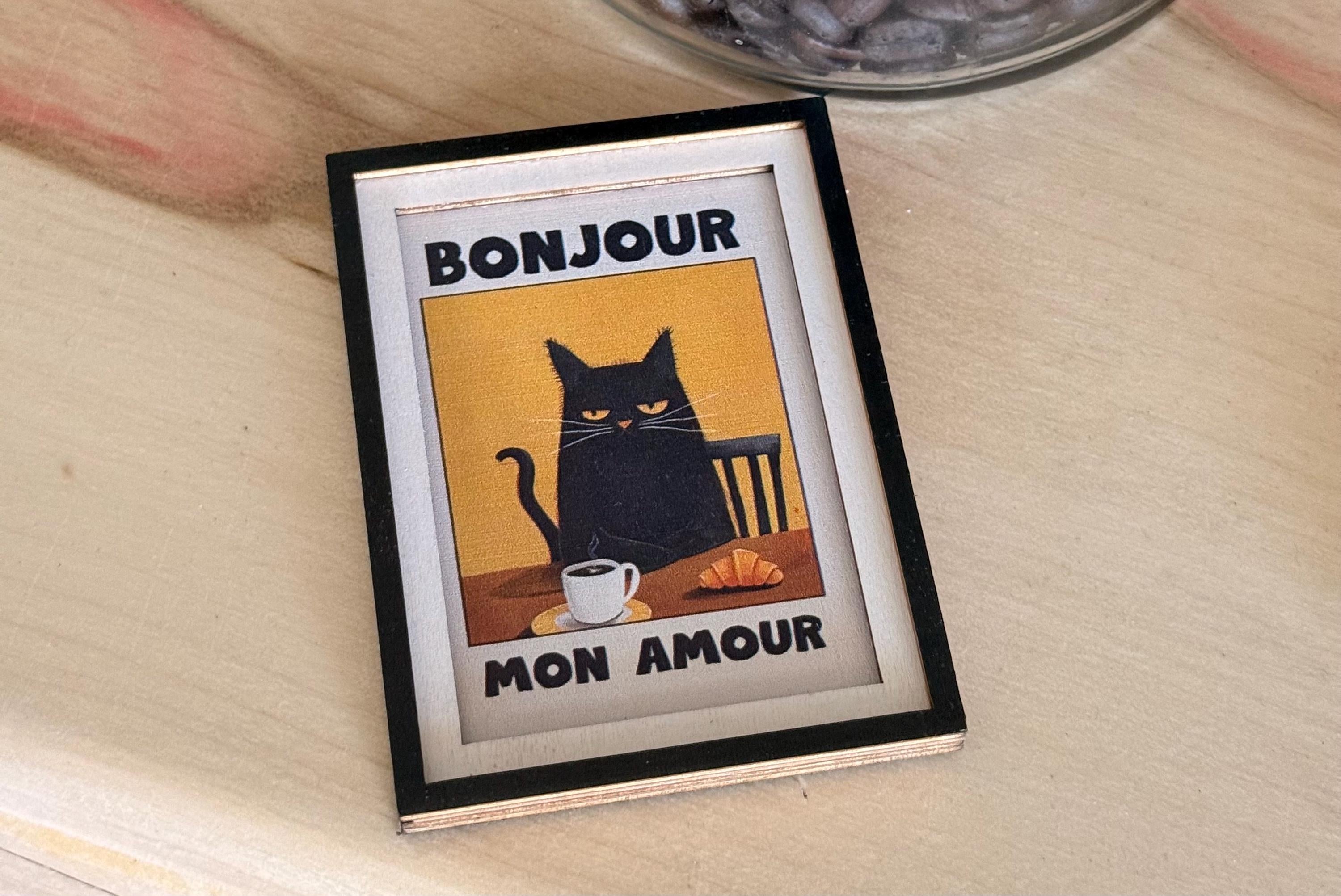 Decorative cat art Bonjour Mon Amour coffee- framed  magnets