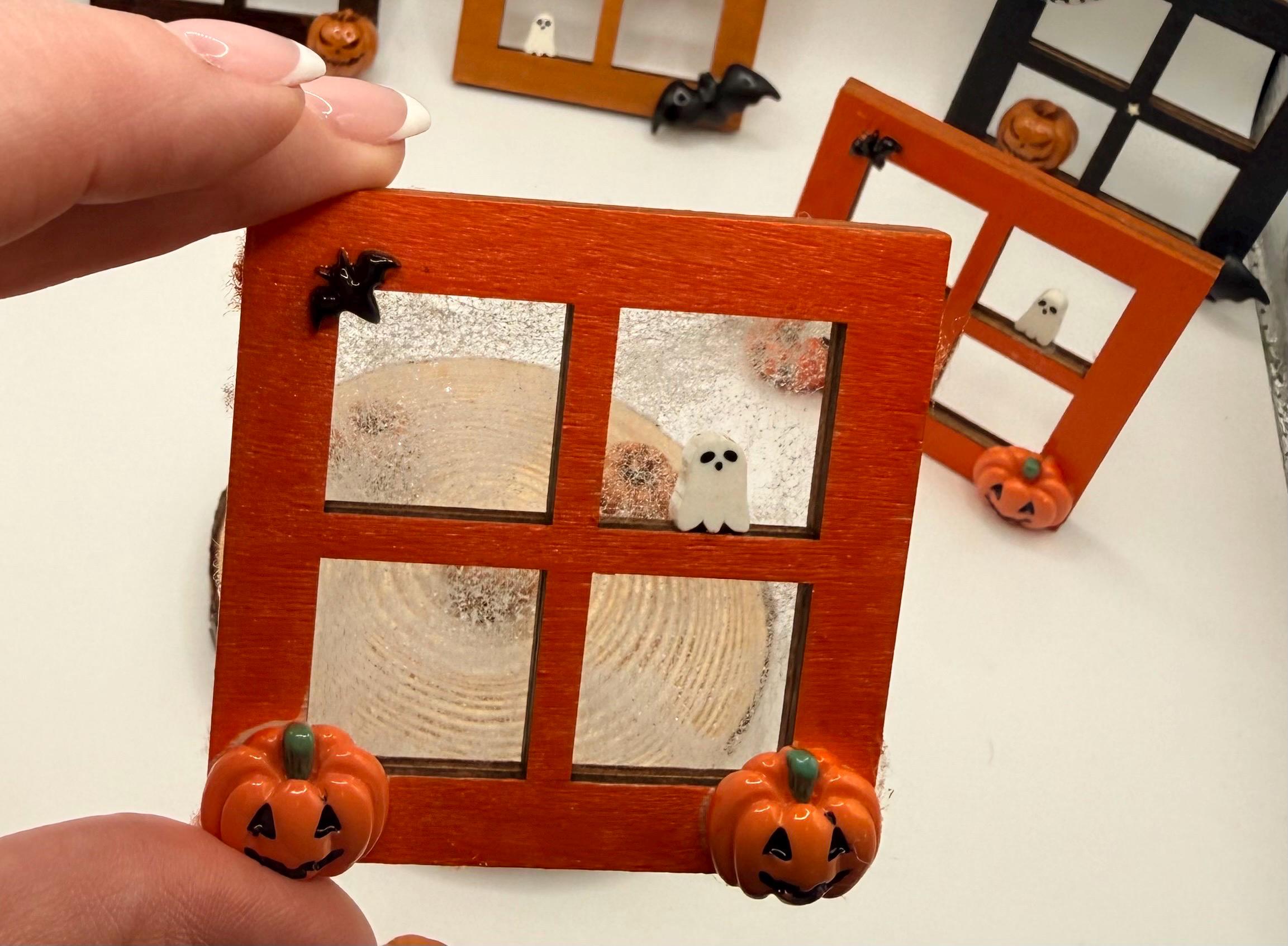 Miniature decorative Halloween wooden window frame magnets, and pumpkins