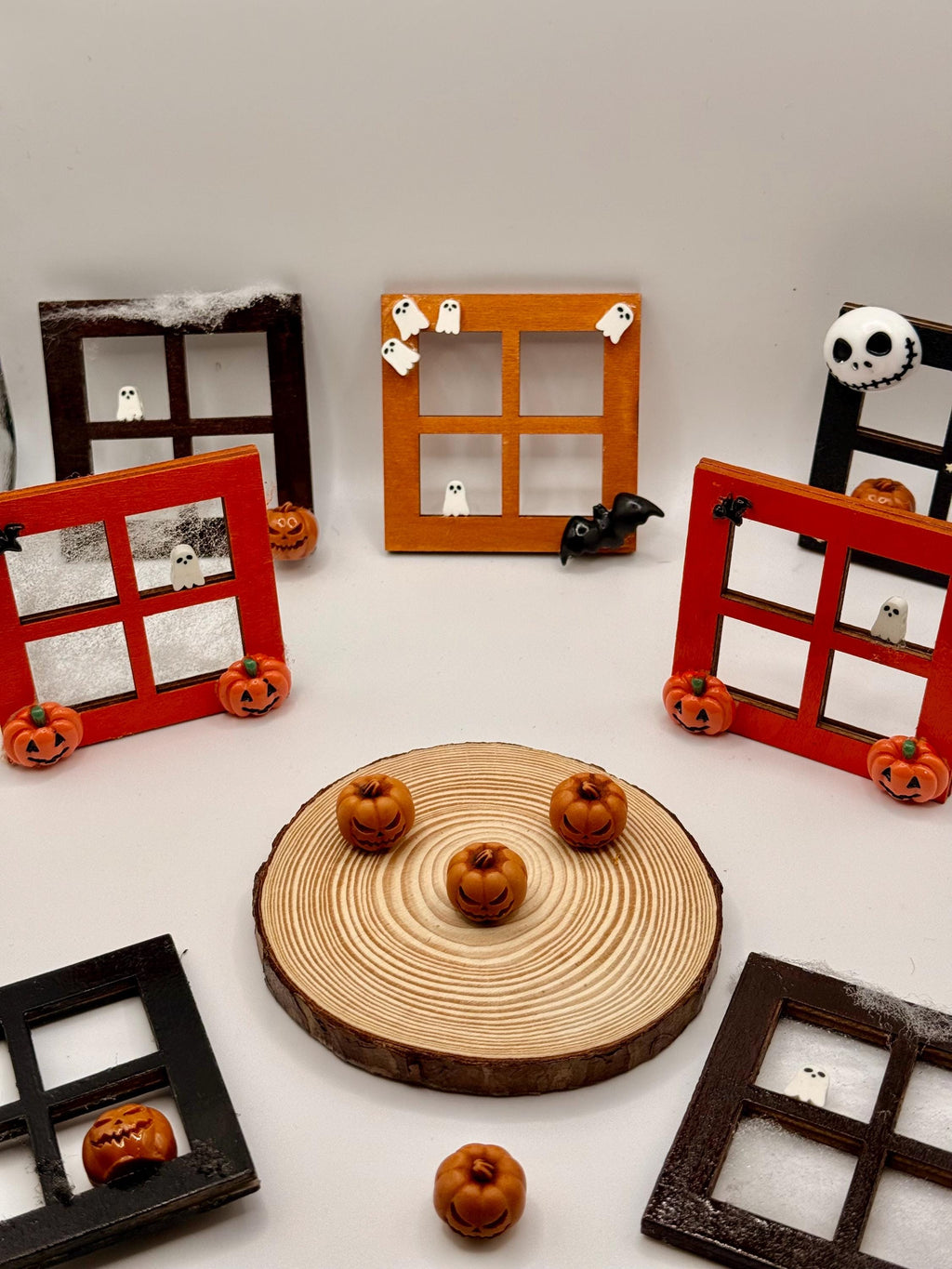 Miniature decorative Halloween wooden window frame magnets, and pumpkins