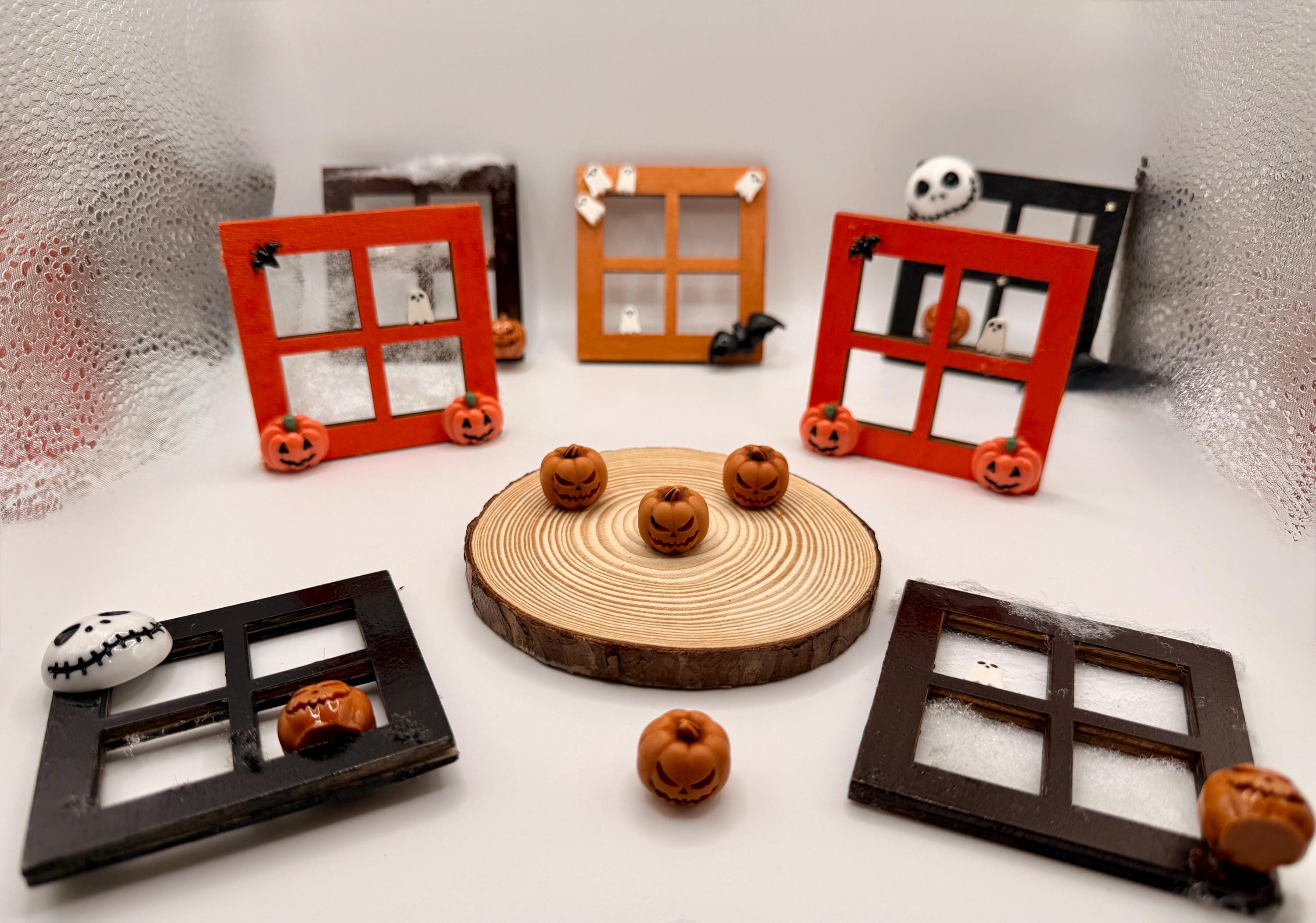 Miniature decorative Halloween wooden window frame magnets, and pumpkins