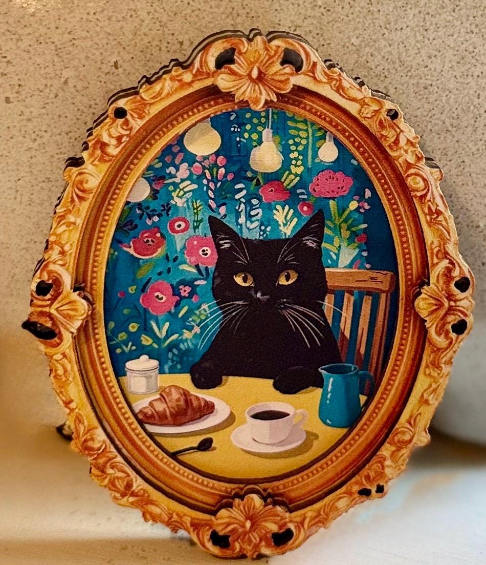 Decorative cat art coffee and croissant wooden frame  magnets