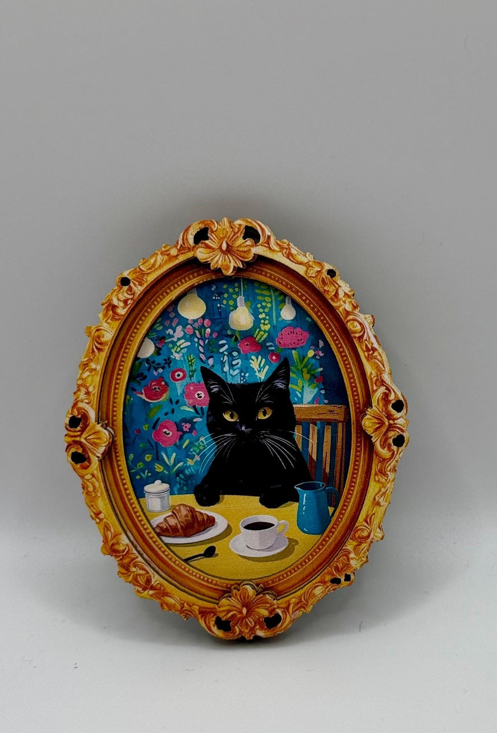Decorative cat art coffee and croissant wooden frame  magnets