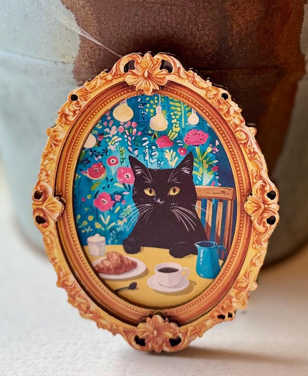 Decorative cat art coffee and croissant wooden frame  magnets