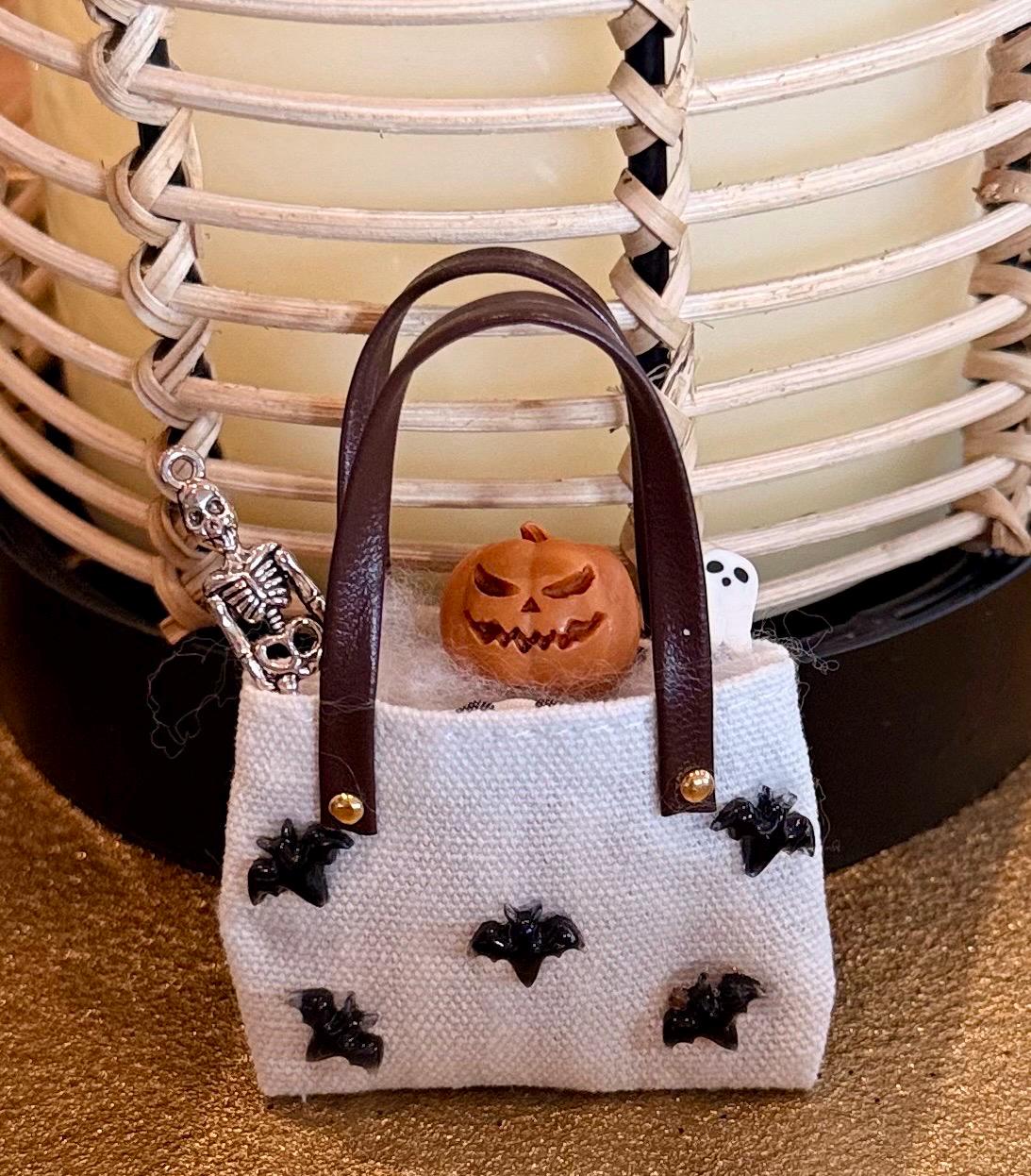 Miniature Halloween Bat designed tote/purse bag filled with miniatures.