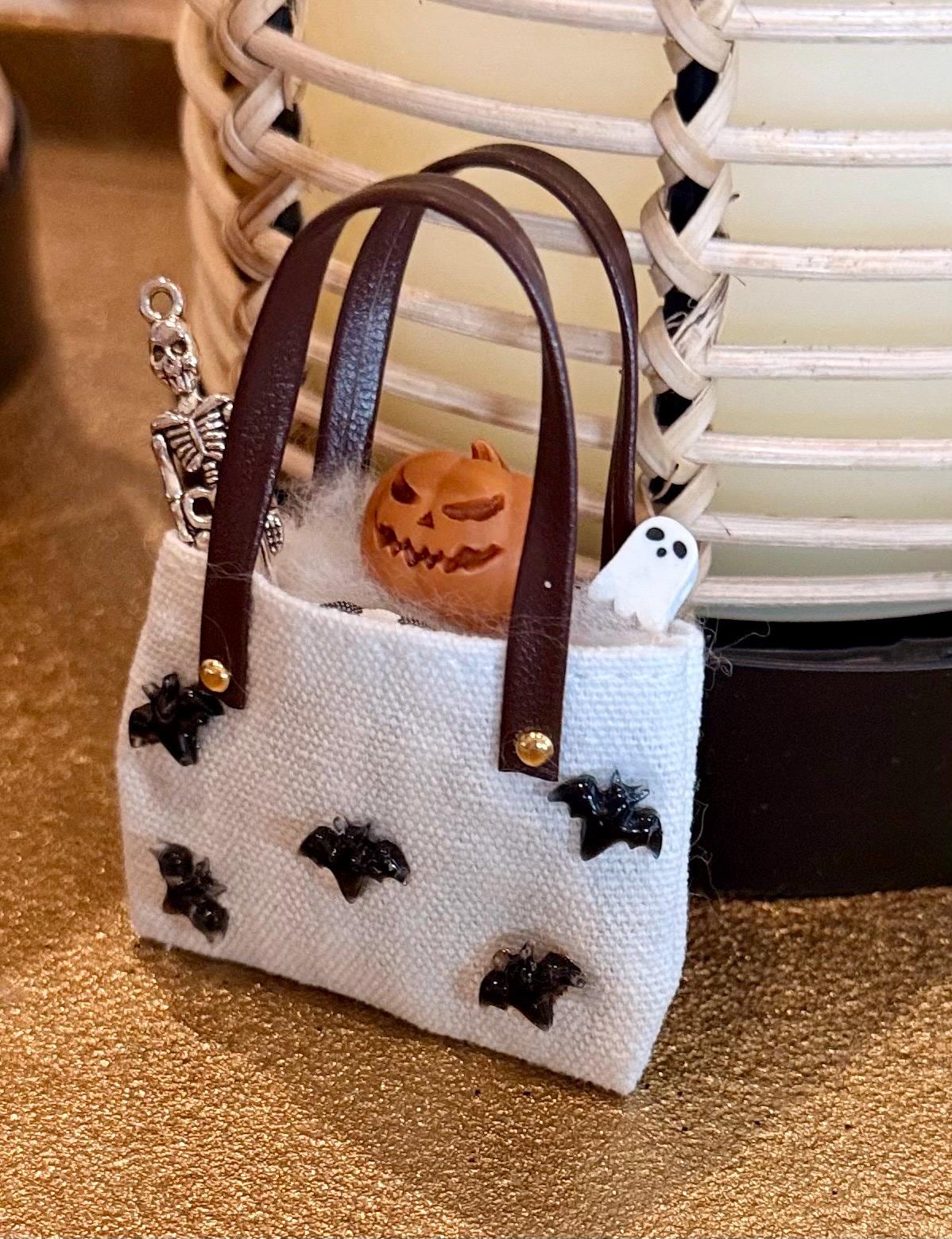Miniature Halloween Bat designed tote/purse bag filled with miniatures.