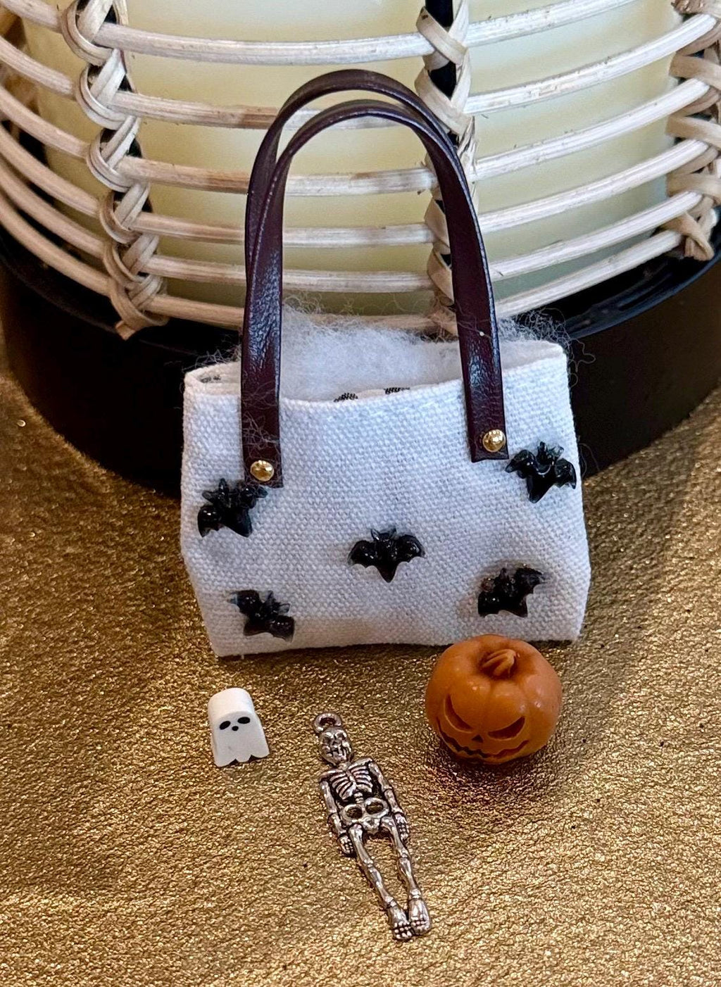 Miniature Halloween Bat designed tote/purse bag filled with miniatures.