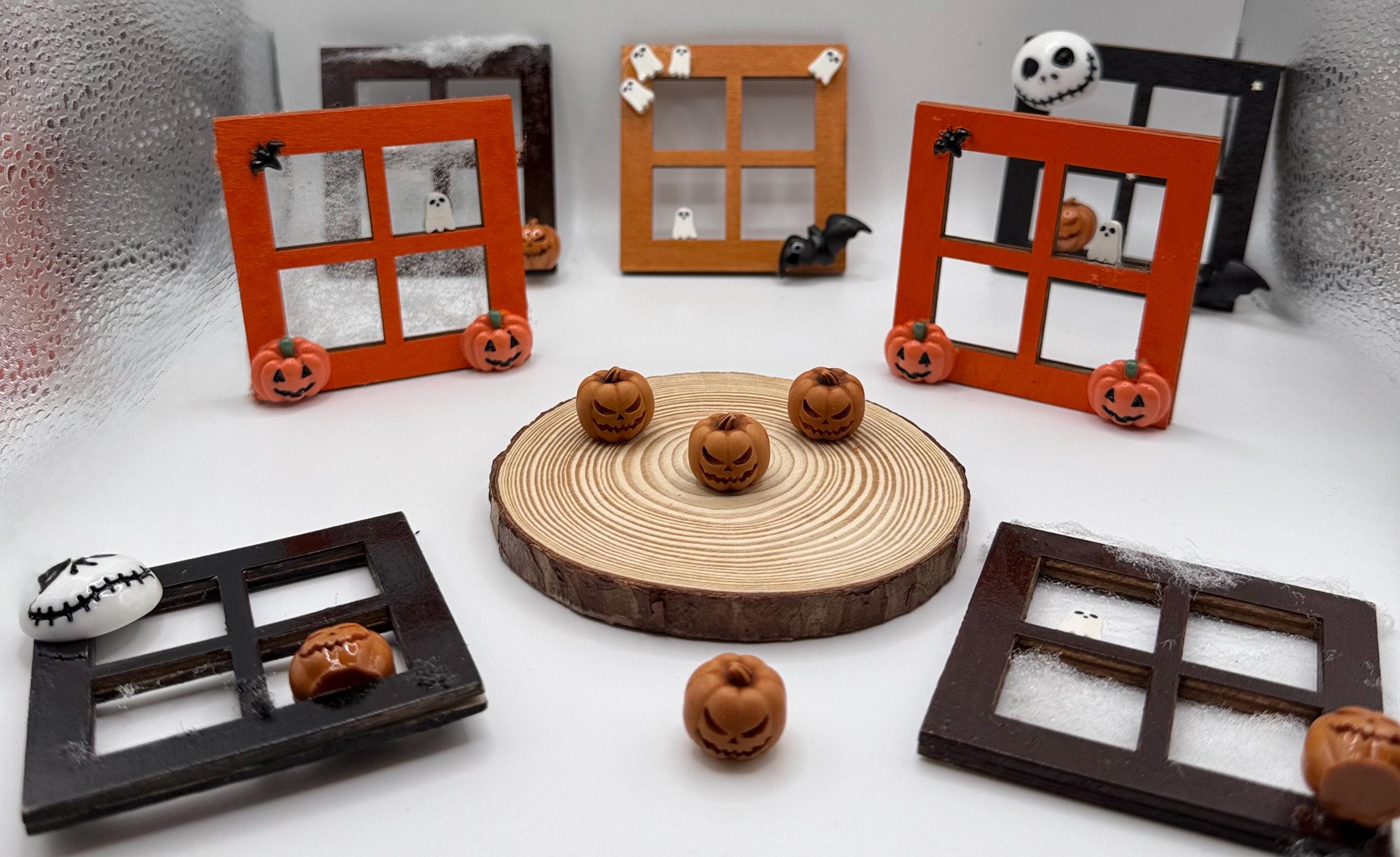 Miniature decorative Halloween wooden window frame magnets, and pumpkins