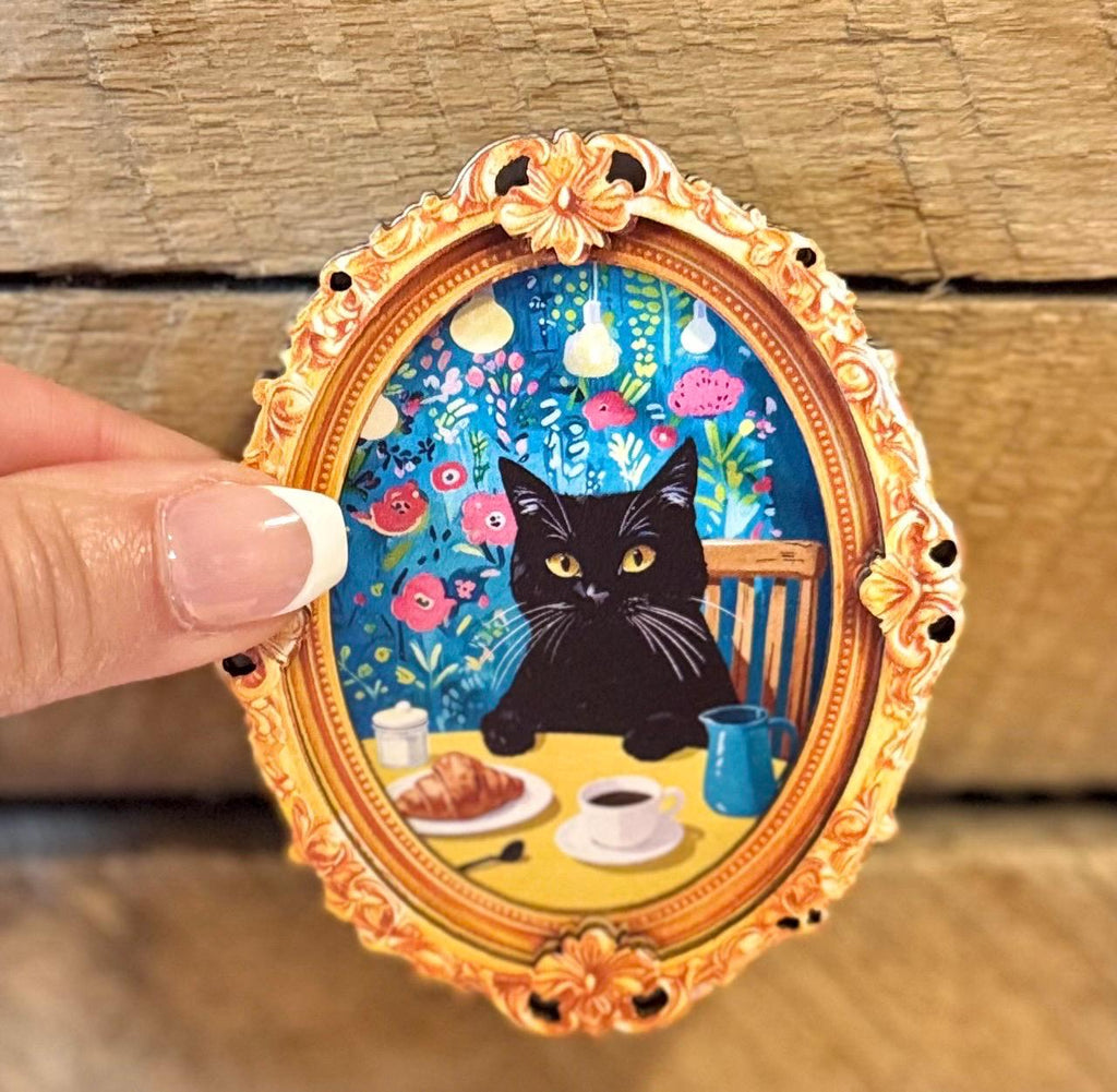 Decorative cat art coffee and croissant wooden frame  magnets