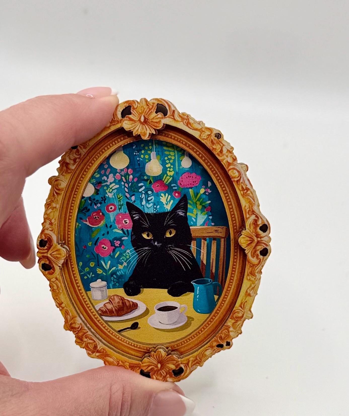 Decorative cat art coffee and croissant wooden frame  magnets