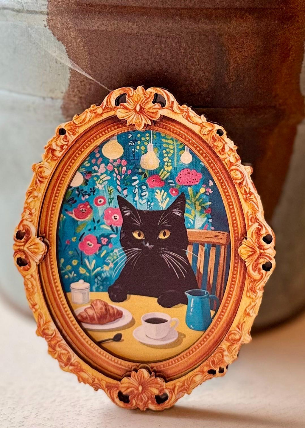 Decorative cat art coffee and croissant wooden frame  magnets