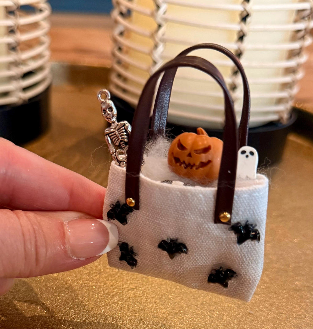 Miniature Halloween Bat designed tote/purse bag filled with miniatures.