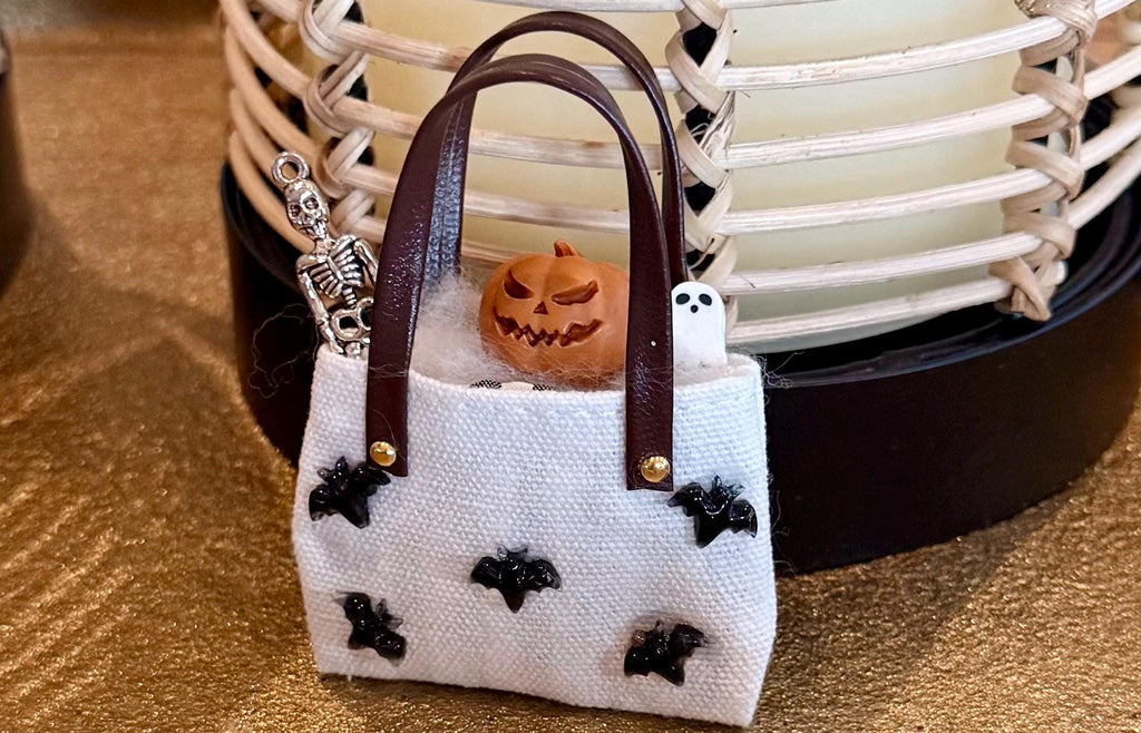 Miniature Halloween Bat designed tote/purse bag filled with miniatures.